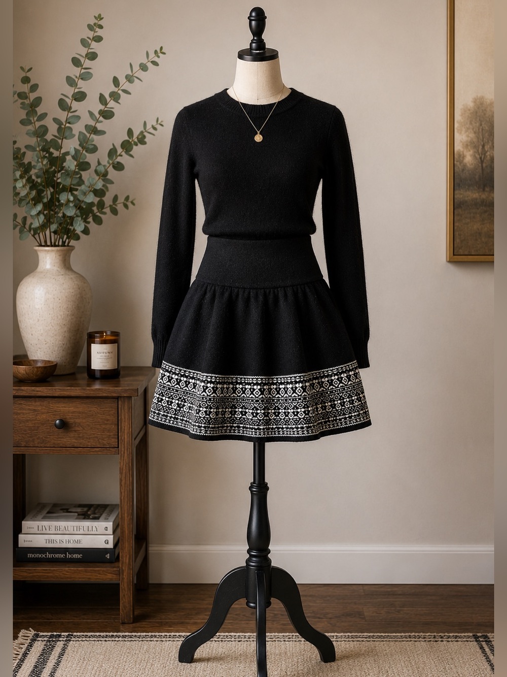 Cynthia Rowley Black Wool Blend A-Line Skirt Jacquard Preppy Dark Academia M